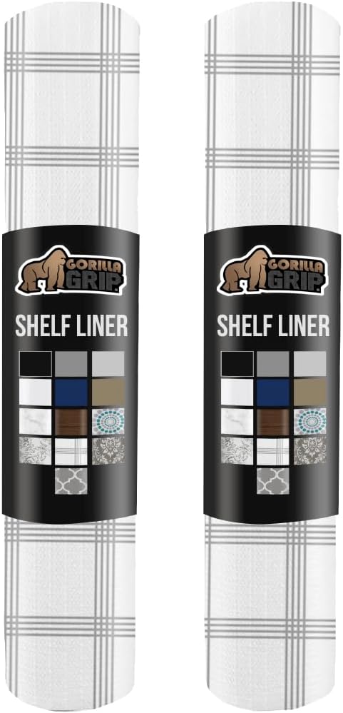 GORILLA GRIP Slip Resistant Drawer and Shelf Liner 2 Pack, Non Adhesive Water Resistant, Easy Trim, Smooth Surface Liners for Kitchen Cabinet, Shelves, Drawers Pantry, 12 IN x 20 FT, Stripe Gray White