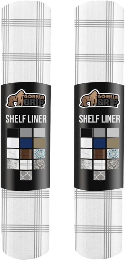 GORILLA GRIP Slip Resistant Drawer and Shelf Liner 2 Pack, Non Adhesive Water Resistant, Easy Trim, Smooth Surface Liners for Kitchen Cabinet, Shelves, Drawers Pantry, 12 IN x 20 FT, Stripe Gray White