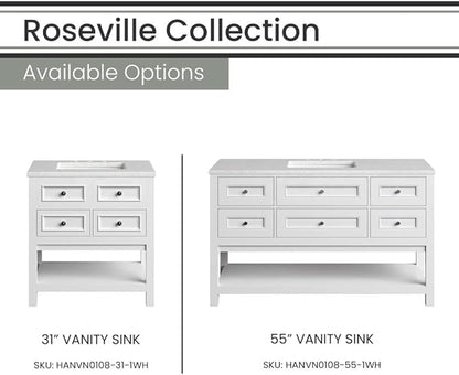 Hanover Roseville 31'' Vanity Cabinet with Sink Combo for Bathroom, Powder Room | Pre-Assembled Cabinet | 2 Drawers, Bottom Shelf | Artificial Stone Countertop | White Cabinet | HANVN0108-31-1WH