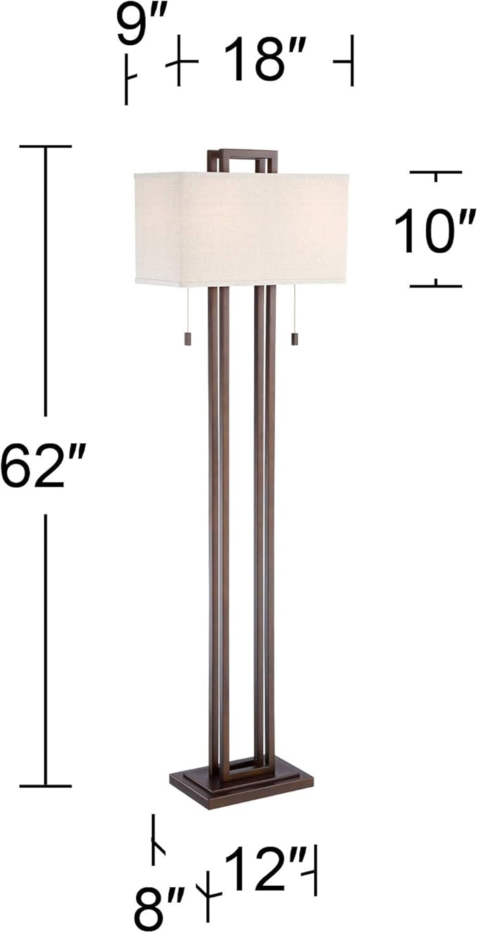 Possini Euro Design Modern Standing Floor Lamp 62" Tall Bronze Brown Openwork Frame 2-Light Oatmeal Linen Fabric Rectangular Shade Decor for Living Room Reading House Bedroom Home Office House