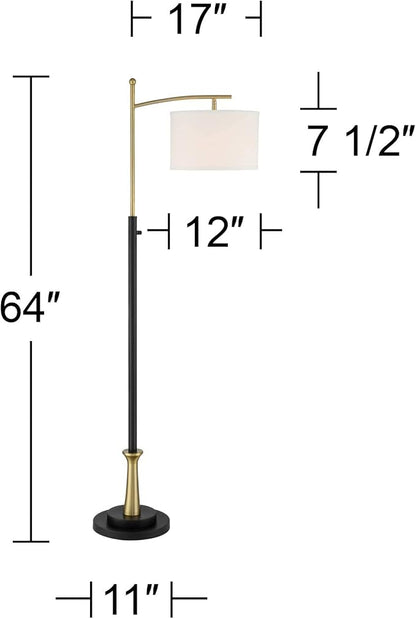 Possini Euro Design Burbank Modern Downbridge Floor Lamp 64" Tall Black Brass Gold Metal Linen Drum Shade for Living Room Reading Bedroom Home Office House