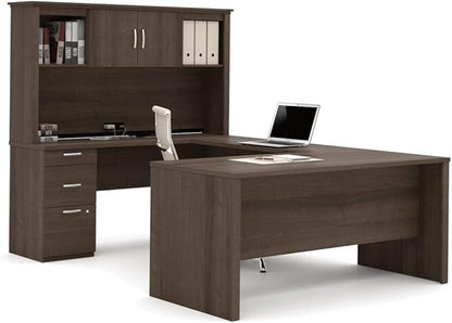 Bestar Logan 66W U or L-Shaped Executive Office Desk with Pedestal and Hutch in Antigua