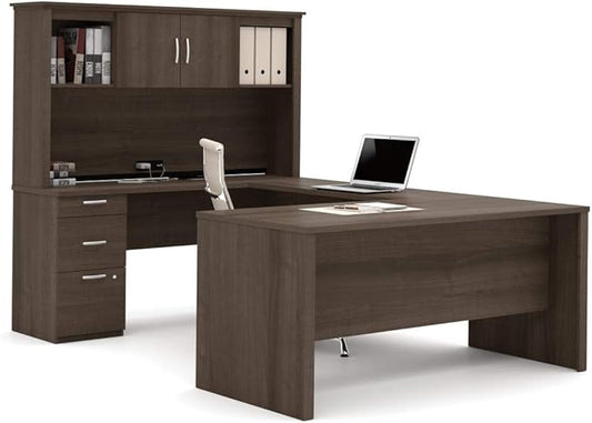 Bestar Logan 66W U or L-Shaped Executive Office Desk with Pedestal and Hutch in Antigua