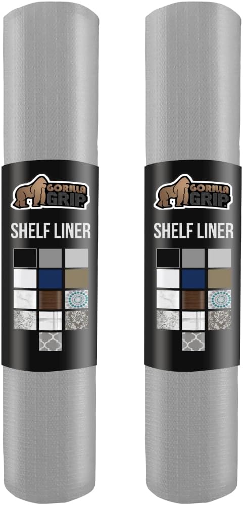 GORILLA GRIP Slip Resistant Drawer and Shelf Liner 2 Pack, Non Adhesive Water Resistant, Easy Clean and Trim, Smooth Surface Liners for Kitchen Cabinet Shelves Drawers Pantry 20 IN x 20 FT, Light Gray