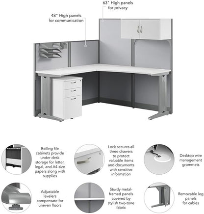 Bush Business Furniture Office in an Hour 65W L Shaped Cubicle Desk with Storage, Drawers, and Organizers in Pure White Modern Computer Table Set with Privacy Panels for Commercial Workspace