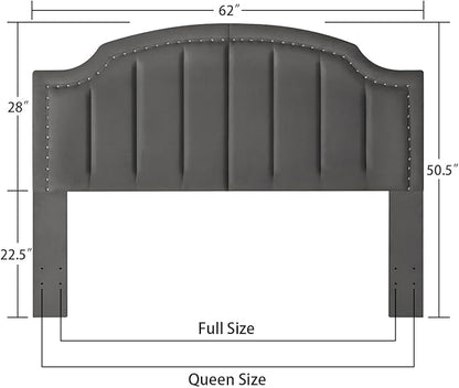 24KF Velvet Fabric Upholstered Queen/Full Headboard with Nail Trims,Modern Vertical Channel Design with Curved Headboard,6052-Q-Dark Gray