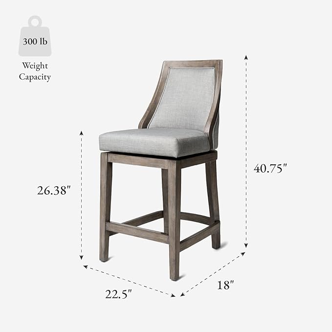 Maven Lane Vienna Counter Stool 26 Inches High – Swivel Stool with Footrest – Grey Solid Wood and Grey Fabric Upholstery – Perfect for Kitchen Islands and Counters