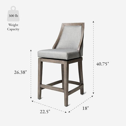 Maven Lane Vienna Counter Stools 26 Inches – Set of 2 – Swivel Stools with Footrests – Grey Solid Wood and Grey Fabric Upholstery – Ideal for Kitchen Islands and Counters