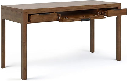 SIMPLIHOME Hollander Desk - 60-Inch Wide Solid Wood Writing Desk in Medium Saddle Brown, Contemporary Home Office Computer Table for Workspace or Study with 2 Drawers and Flip-Down Keyboard Tray