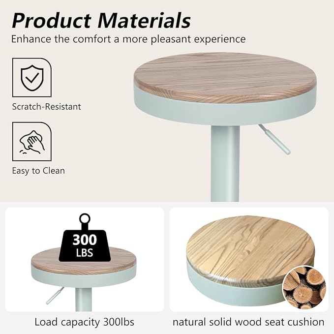 Kidol & Shellder Bar Stools Set of 6 Round Adjustable Swivel Barstools Modern Backless Bar Chairs Wooden Seat Counter Height Stools Armless for Kitchen Island, Cafe, Dining Room (Mint Green)