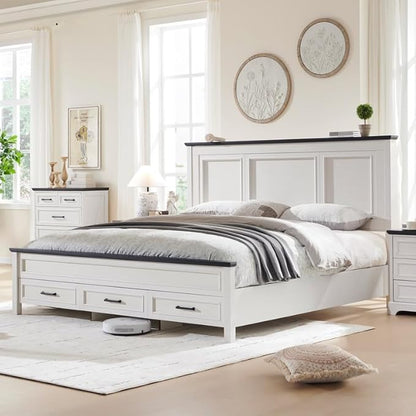 ACCOHOHO Farmhouse Queen Size Bed Frame with 52" Tall Headboard, Wood Platform Bedframe with Footboard and Storage Drawers, No Squeak, No Box Spring Needed, Off White