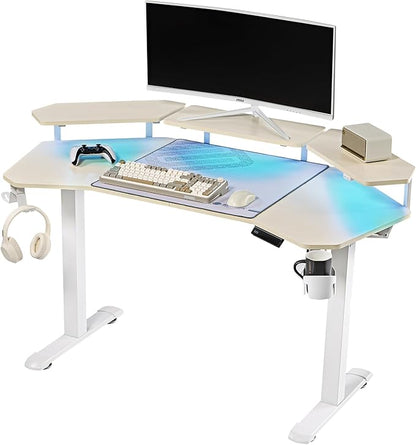 EUREKA ERGONOMIC Aero 55 Inch W Shaped Electric Standing Desk, Height Adjustable Computer Gaming Desk with LED Monitor Shelf, Mouse Pad, Headphone Hook, Cup Holder, Natural Maple