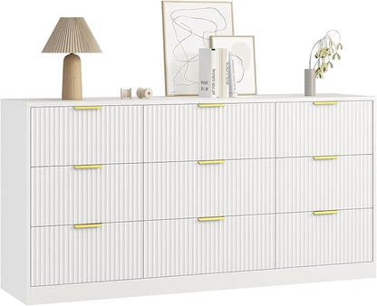9 Drawer Dresser for Bedroom with Deep Drawers, 63" Wide Wood Dresser, Large Floor Chest of Drawers, Modern Long TV Stand, Storage Cabinet Side Table, White