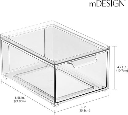 mDesign Stackable Storage Containers Box with 2 Pull-Out Drawers - Stacking Plastic Drawer Bins for Closet Organization, Linen, Coat, Bedroom or Entryway Closets - Lumiere Collection - 2 Pack - Clear