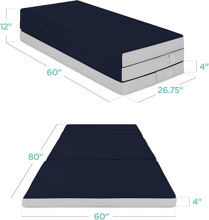 Best Choice Products 4in Portable Queen-Size Mattress, Tri-Fold Mattress for Camping, Guest, Toddler, Foam Plush w/Carry Case - Midnight Blue