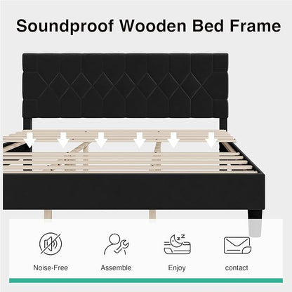 Novilla King Size Bed Frame, King Bed Frame and Headboard, Velvet Upholstered Pull-Point Bed Frames, No Box Spring Needed, Heavy Duty Feet, Easy Assembly, Black Velvet