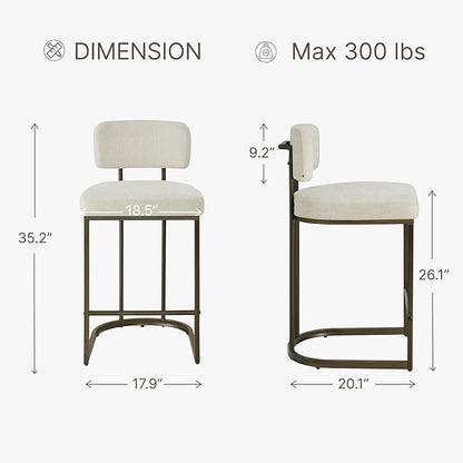 26" H Counter Height Bar Stools Set of 2, Modern Linen Fabric Upholstered Barstools with Backrest for Kitchen Island, Gold Metal Frames, Linen