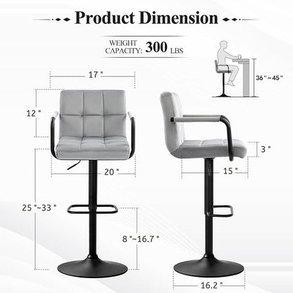 Furniliving Bar Stools Set of 2 with Armrest, Adjustable Square Velvet Barstools for Kitchen Counter, 360°Swivel Counter Barstools for Dining Room(Grey)
