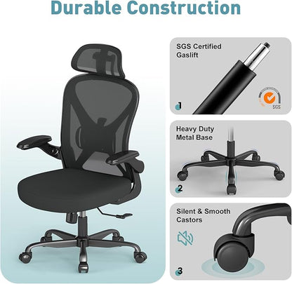 ZZH Ergonomic Office Chair Set of 4 with Adjustable Lumbar Support and Headrest, Mesh Home Office Desk Chair with Wheels and Flip-up Arms, Black