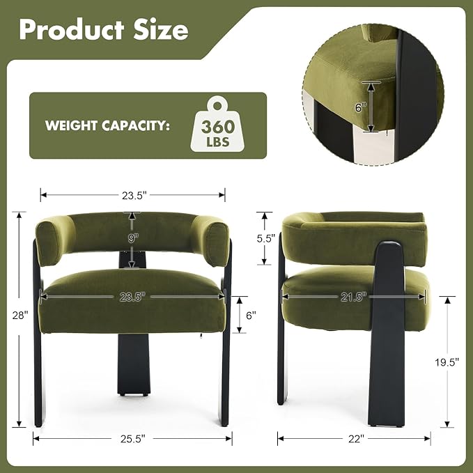 Modern Dining Chairs Set of 6, Upholstered Velvet Barrel Accent Chairs with Backrest & Arms, Wide and Thicker Padded Kitchen Side Chair with Wooden Legs for Dining Room, Livingroom, Dark Green