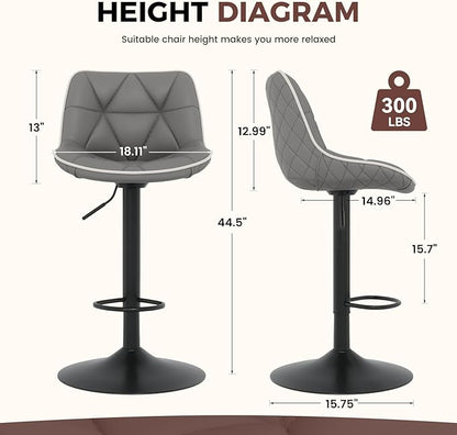 Nalupatio Bar Stools Set of 2, Adjustable Swivel Counter Height Bar Stools with Back, Armless Modern Barstools for Kitchen Island & Home Bar, Upholstered Seat,（Grey）