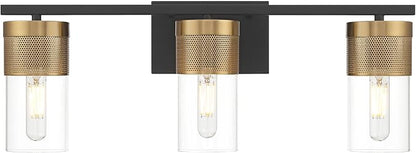Possini Euro Design Berlin 23 1/2" High Modern Industrial 3 Light Bathroom Vanity Wall Lamp Light Fixture Mount Over The Sink Mirror Hardwired Cordless Black and Gold Glass Shade Indoor Entry-Way