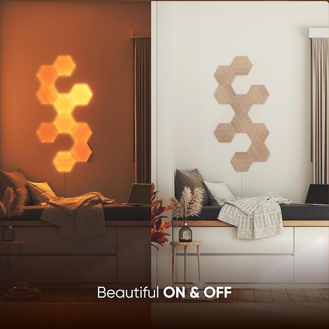 Nanoleaf Elements Wood Look Smart Wall Lights, Hexagon LED Wall Lights work with Alexa Google Assistant, Home Wall Decor for Living Room with Music Sync, Touch Control, Ambient White 1500-4000K, 13 PK