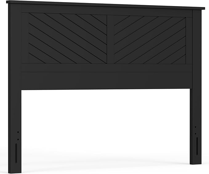 Serene Poplar Wood Queen Size Headboard in Black, Modern Farmhouse Panel with Chevron Scoring, Casual Coastal Style, Easy Assembly, Quality Materials