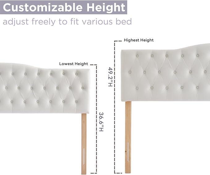 Upholstered King Headboard, Button Diamond Tufted Headboard with Adjustable Height and Solid Wood Leg, Velvet Padded Headboards for King Size Bed, Modern Head Board, White