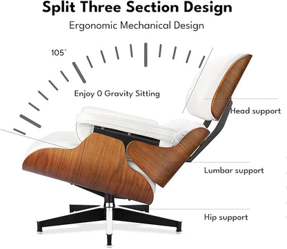 Top Grain Leather, Mid Century Chaise Lounge Chair and Ottoman, Reading Chair, Accent Lounge Chair, Modern Chair, Classic Design, Heavy Duty Base Support for Living Room Lounge Office, Walnut-White