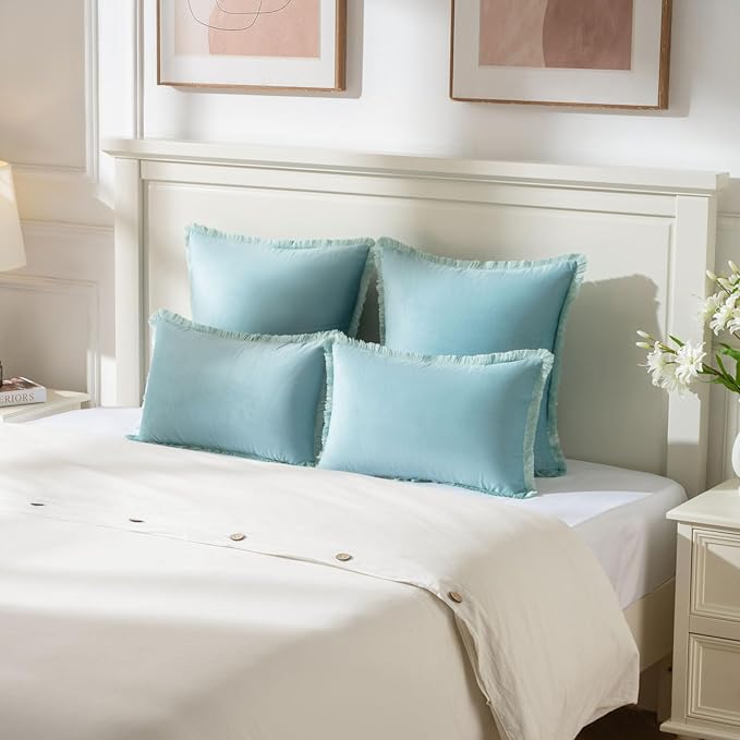 FUTEI Aqua Velvet Decorative Throw Pillow Covers 24x24 Set of 2,Soft Cozy Edge with Tassels European Cushion Case,Boho Modern Home Decor for Couch Bed Living Room