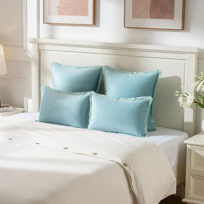 FUTEI Aqua Velvet Decorative Throw Pillow Covers 20x20 Set of 2,Soft Cozy Edge with Tassels Cushion Case,Boho Modern Home Decor for Couch Bed Living Room
