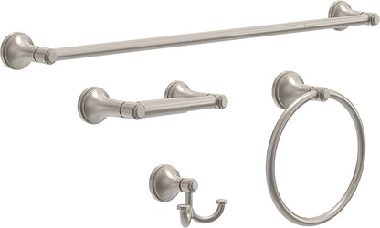 Franklin Brass Woodruff 4-Piece Bathroom Set Satin Nickel 18" + 6" Towel Rack, Toilet Paper Holder, Hand Towel Holder, Hook | 4-Piece Bath Hardware Accessories Set WDRF64-SN