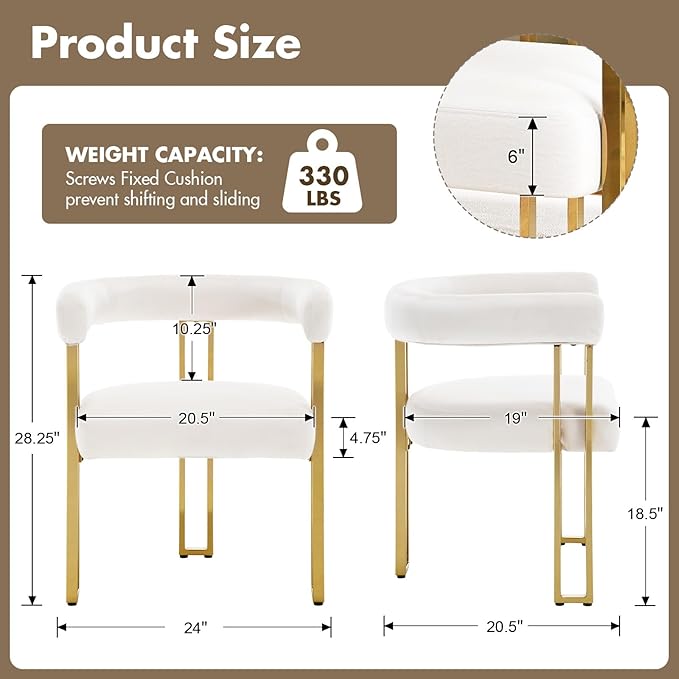Set of 4 Beige and Gold Modern Dining Chairs, Velvet Upholstered Barrel Armchairs with Metal Legs for Kitchen Island, Mid Century Accent Chairs for Dining Room Living Room, Open-Back