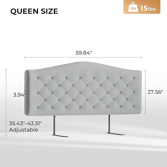 Upholstered Headboard Queen Size with 4" Thickened High-Density Sponge, Modern Button-Tufted Queen Headboard Only, Luxury Chenille Fabric, Adjustable Height, Easy Assembly, Grey