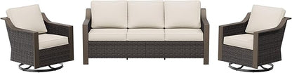 3 Pieces Outdoor Patio Conversation Furniture Set - 75" 3-Seat Sofa | 2 Swivel Glider Rocker Chairs | Wicker End Table, Metal Wicker Couch, Deck (Beige and Brown Stripe)