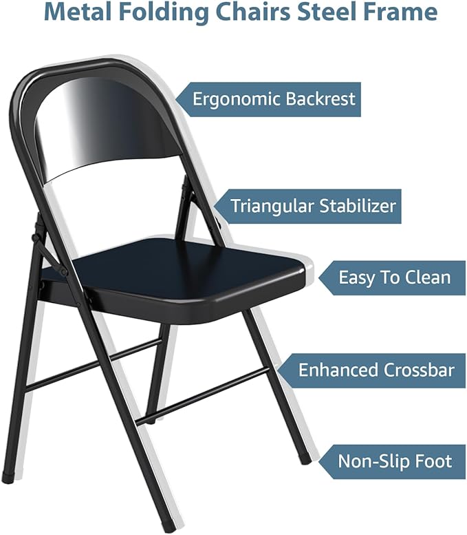 V&LX Folding Chairs All Steel Frame with Double Hinged for Wedding, Banquets, Celebrations, Dinning, Office Kitchen Patio and Garden, Set of 4, Black