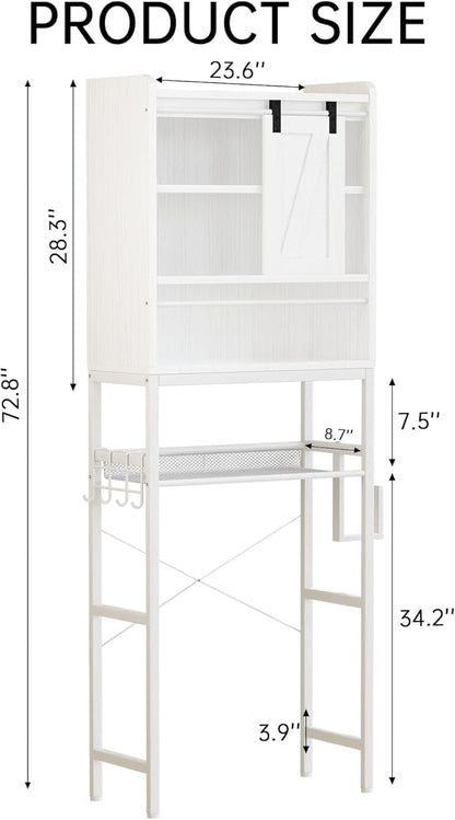 AWQM Over The Toilet Storage CabinetFreestanding Bathroom Organizer with AdjustableShelf & Paper Hook,Space-Saving Toilet Rack,White Retro Style (White, Sliding Door)