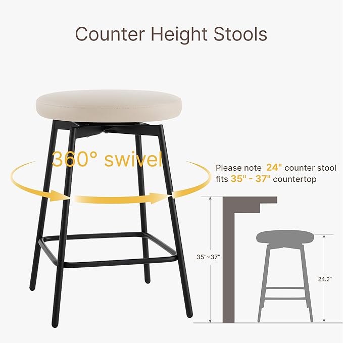 Swivel Bar Stools Set of 2, 24" Counter Height Bar Stool, Backless Barstools with Faux Leather Upholstered Seat&Sturdy Wood Legs for Kitchen Island, Beige