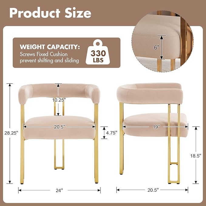Velvet Dining Chairs Set of 4, Khaki Upholstered Barrel Armchairs with Gold Metal Legs for Kitchen Island, Mid Century Modern Accent Side Chairs for Dining Room and Living Room, Open-Back
