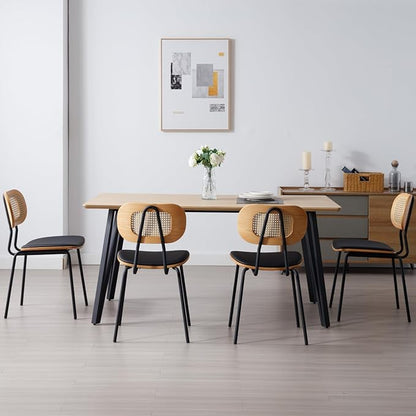 Mid-Century Modern Rattan Cane Back Dining Chairs Set of 2 — PU Leather Upholstered Seat, Black Metal Legs, Kitchen Side Chairs for Kitchen & Dining Room, Black