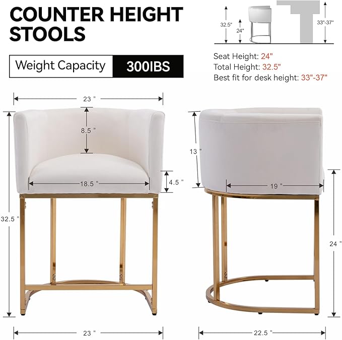 Contemporary Cream Velvet Bar Stools Set of 3, 24" Upholstered Fabric Counter Height Barstools Kitchen Counter Island Stools with Golden Metal Base