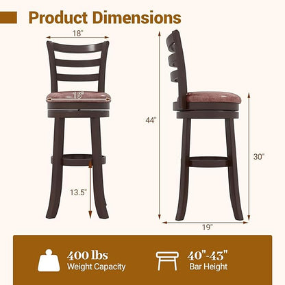 COSTWAY 30” Bar Height Stools Set of 4, Swivel l High-Top Chairs with Backrest & Faux Leather Padded Seat, Rubber Wood Barstools with Footrest for Kitchen, Dining Room, Pub (4,30'')