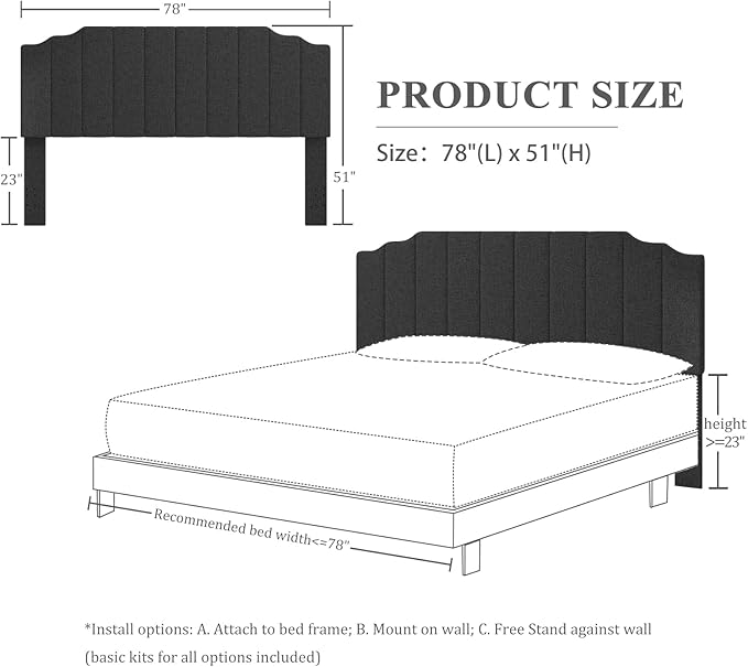 King Size Headboard Only, Linen Wall Mounted Headboard King for Adjustable Bed Modern Upholstered Head Board Easy Assembly, Dark Gray