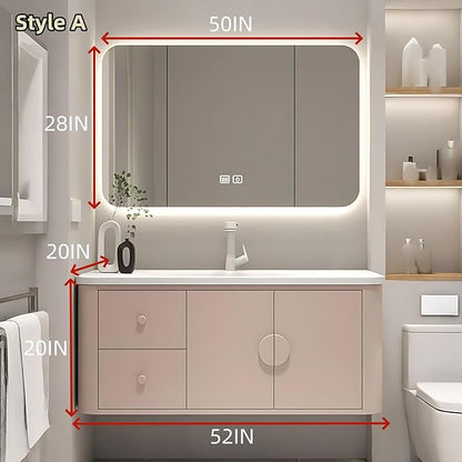 52IN Pink Modern Bathroom Vanity - Bathroom Vanities Set with 2 Drawers Wall Mounted | Rounded Corner Smart Defogging Mirror Cabinet with Lighting & Time Display, Side Opening Storage Shelf (Style A)