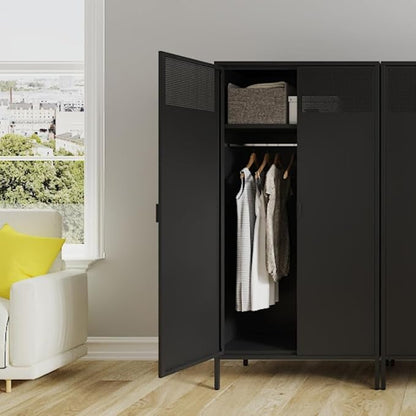 Metal Storage Cabinets Locker with Hanging Rod and Adjustable Shelves, 71'' Clothing Steel Storage Wardrobe for Home & Office, School, Employee,Gym(Black, 71''H-Wardrobe)