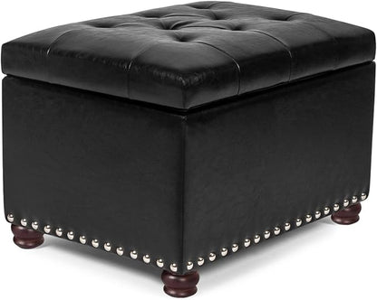 24'' Leather Storage Ottoman Rectangular Foot Rest Stool with Nailhead Trim Chests & Storage Room Organizer for Bedroom Living Room(Black)
