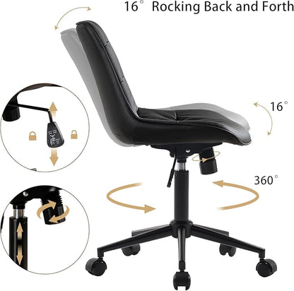 Kidol & Shellder Faux Leather Office Chair, Adjustable Swivel Height Task Chair, Rolling Wheels & Soft Backrest - Armless Ergonomic Desk Chair for Home, Office,Vanity,Gaming（Black）