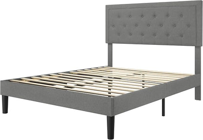 Allewie Queen Size Upholstered Platform Bed Frame with Adjustable Headboard, Button Tufted, Wood Slat Support, Easy Assembly, Light Grey