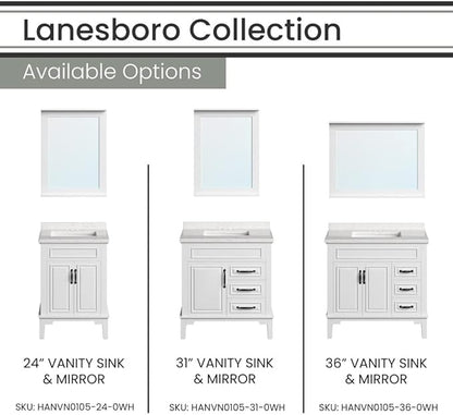 Hanover 31 Set Includes w, White Lanesboro 31'' Vanity Sink Combo for Bathroom, Powder Room | Pre-Assembled 1 Door, 3 Drawers | Accent Mirror | Artificial Stone Countertop, Cabinet, 31 inches
